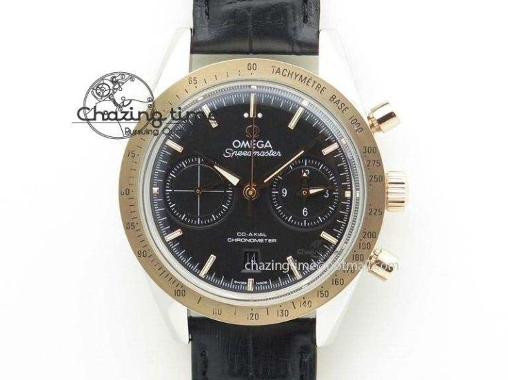 0517 Trendsetting Speedmaster ’57 SS Chrono AXF Best Edition RG Bezel Black Dial on Black Leather Strap A 8283